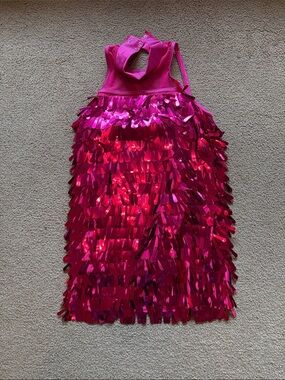 Weissman Fuchsia Sequin Fringe Halter Dance Dress